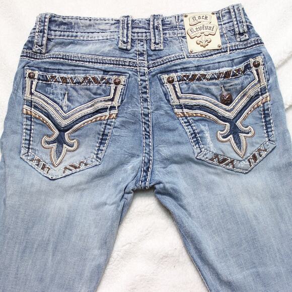 Rock Revival Remedy J Straight Leg Jeans Size 31 Distressed Light Wash - Picture 6 of 11